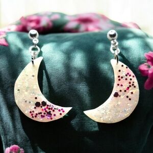 Handmade Polymer Clay Pink And White Glitter Luna Crescent Earrings